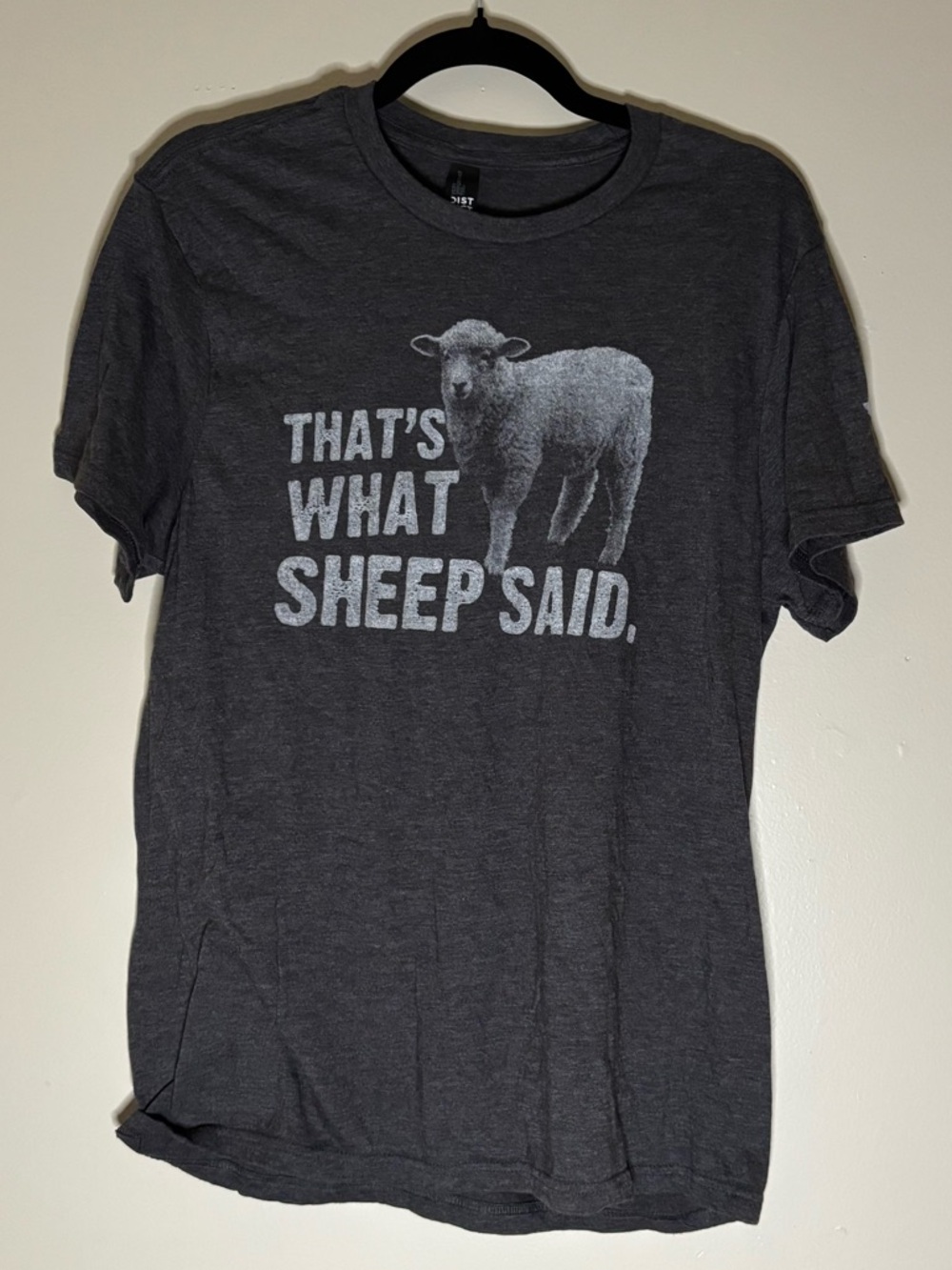 District Women’s Charcoal Graphic Tee with Sheep Slogan Size M